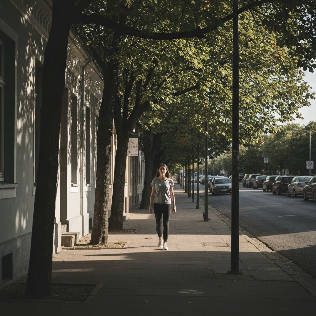 A person walking peacefully on a tree-lined street in soft natural light