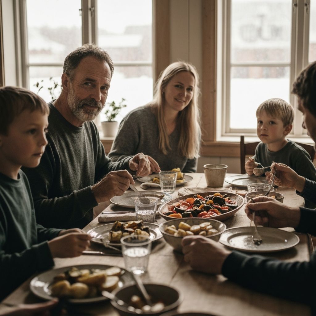 People sharing a simple home dinner around a table with genuine conversation