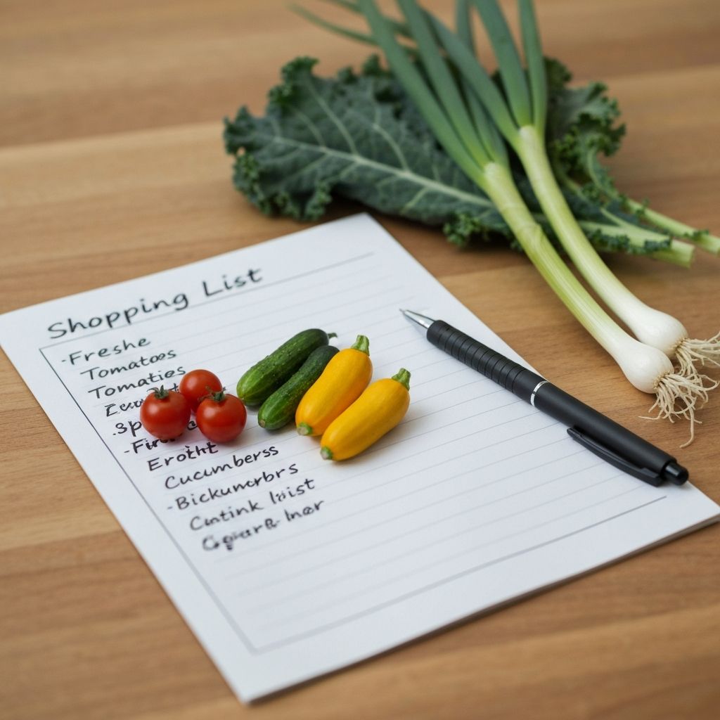 Handwritten shopping list on a wooden table with fresh vegetables